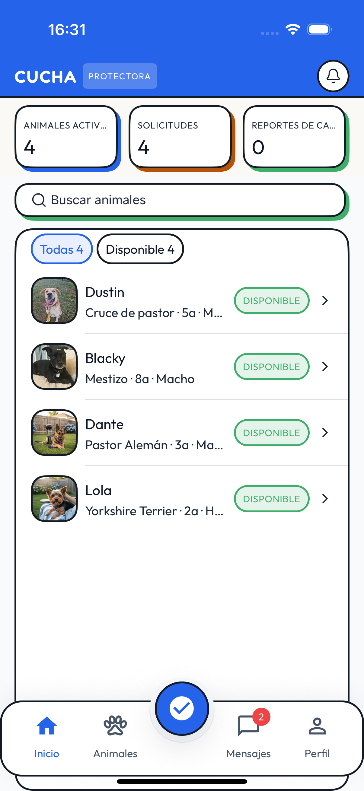 Pantalla de inicio de la app móvil de Cucha