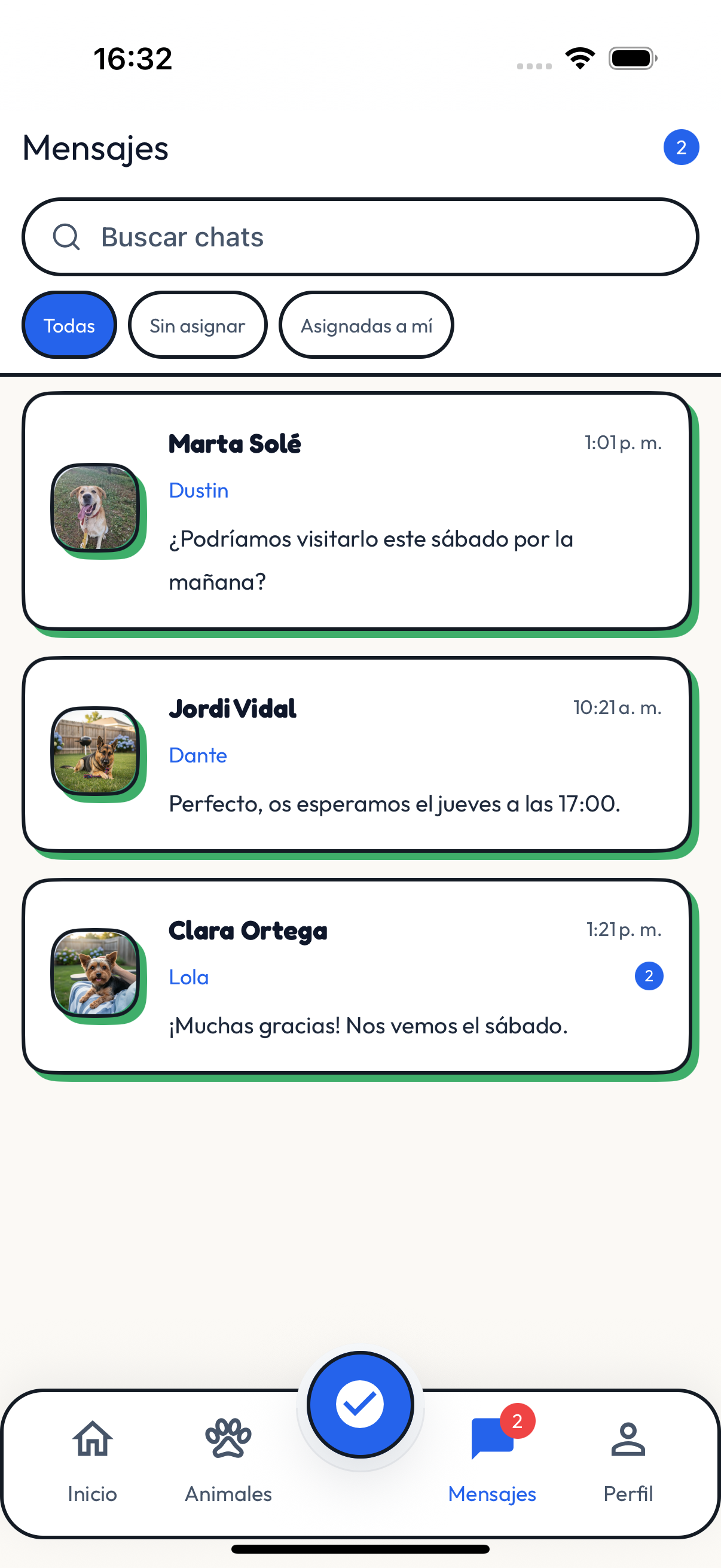 Bandeja de mensajes de la app móvil de Cucha
