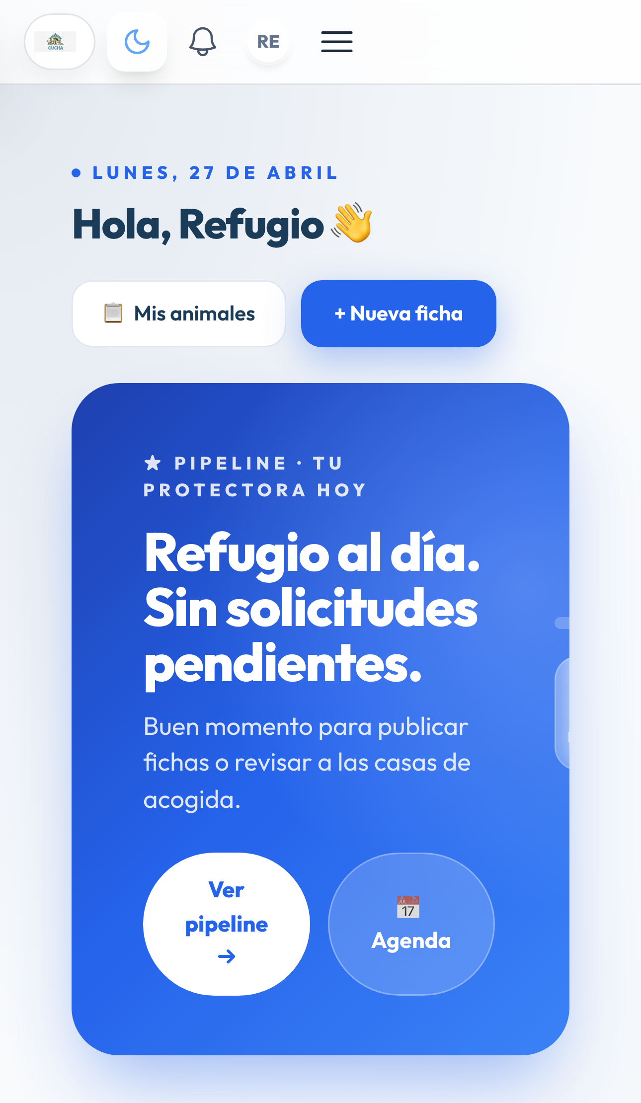 CUCHA App - Dashboard de refugio